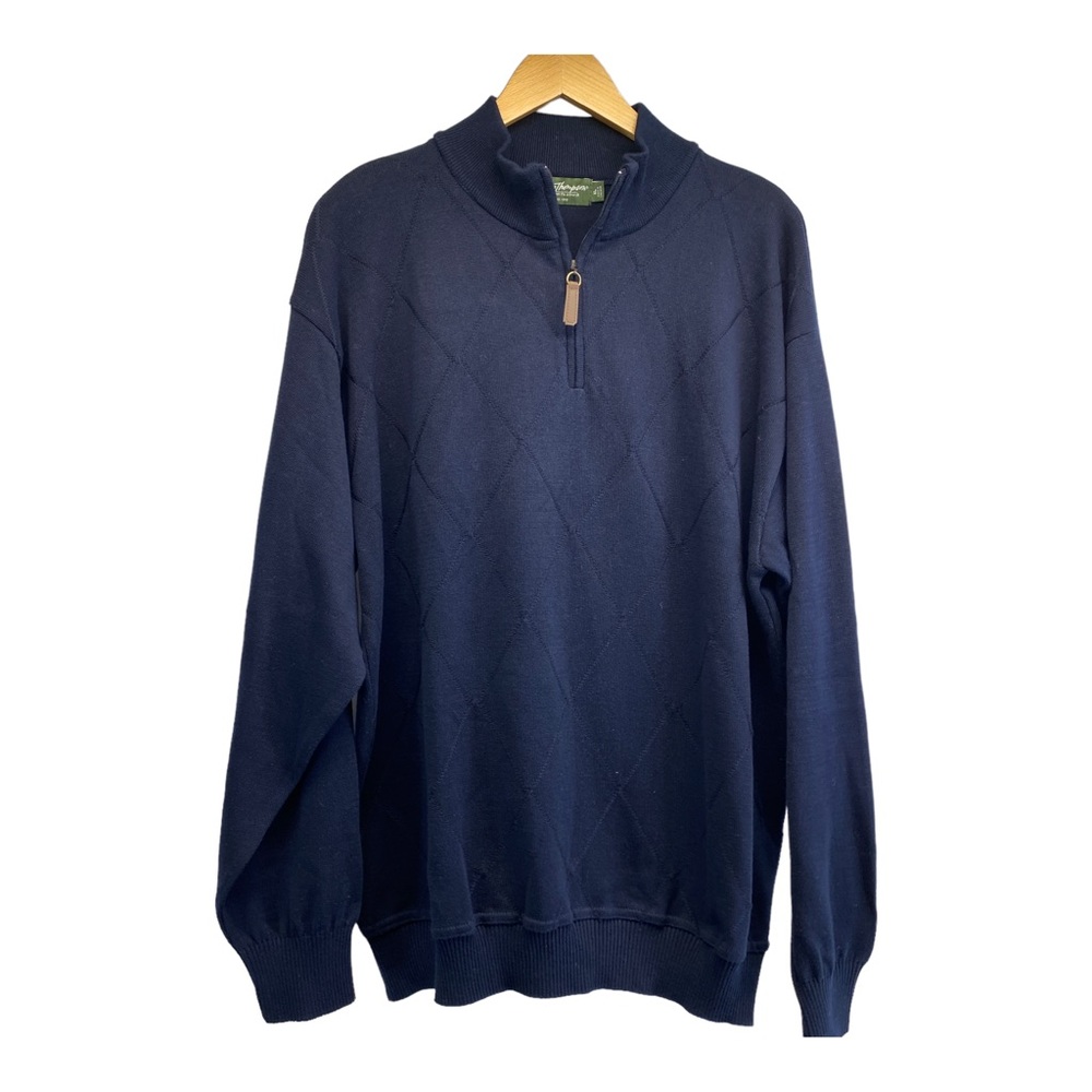 Norm Thompson pullover quarter zip sweater navy blue Argyle knit XL cotton